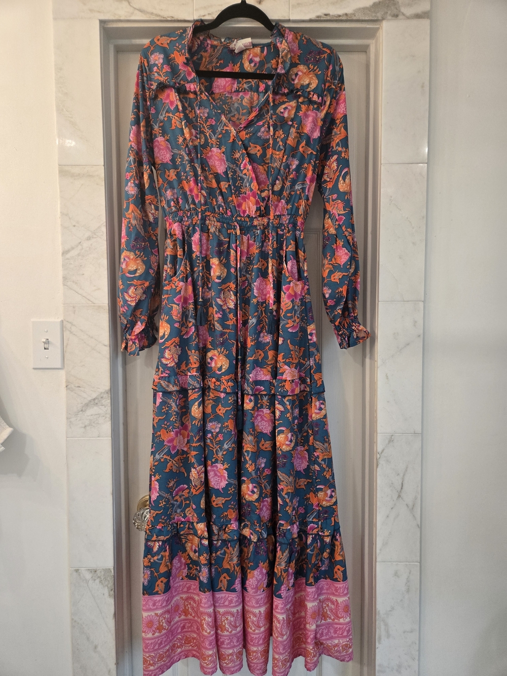 Bohemian Floral Maxi Dress in Teal with Pink and Orange Accents